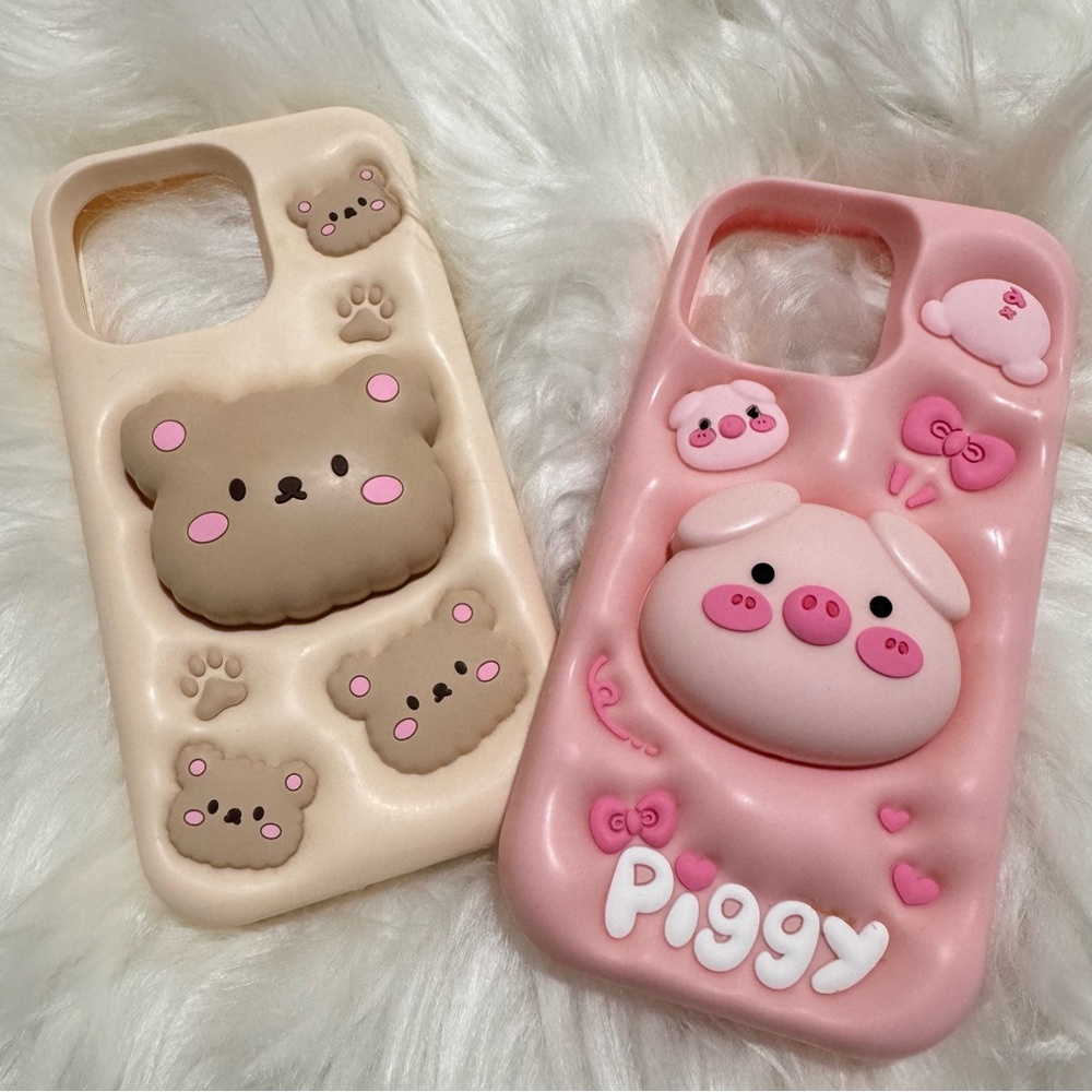 Cute Bear and Piggy Kickstand Soft Cover Case For iPhone 15 Pro Max